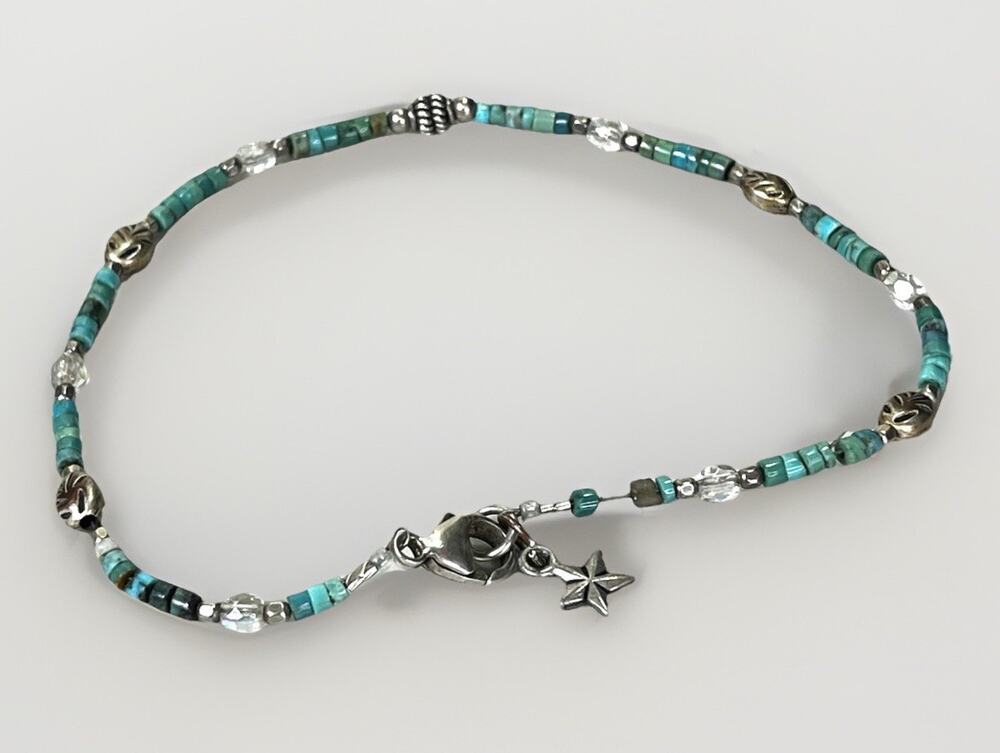 Native American Blue Green Heishi Turquoise Disc Bead Sterling Silver Bracelet